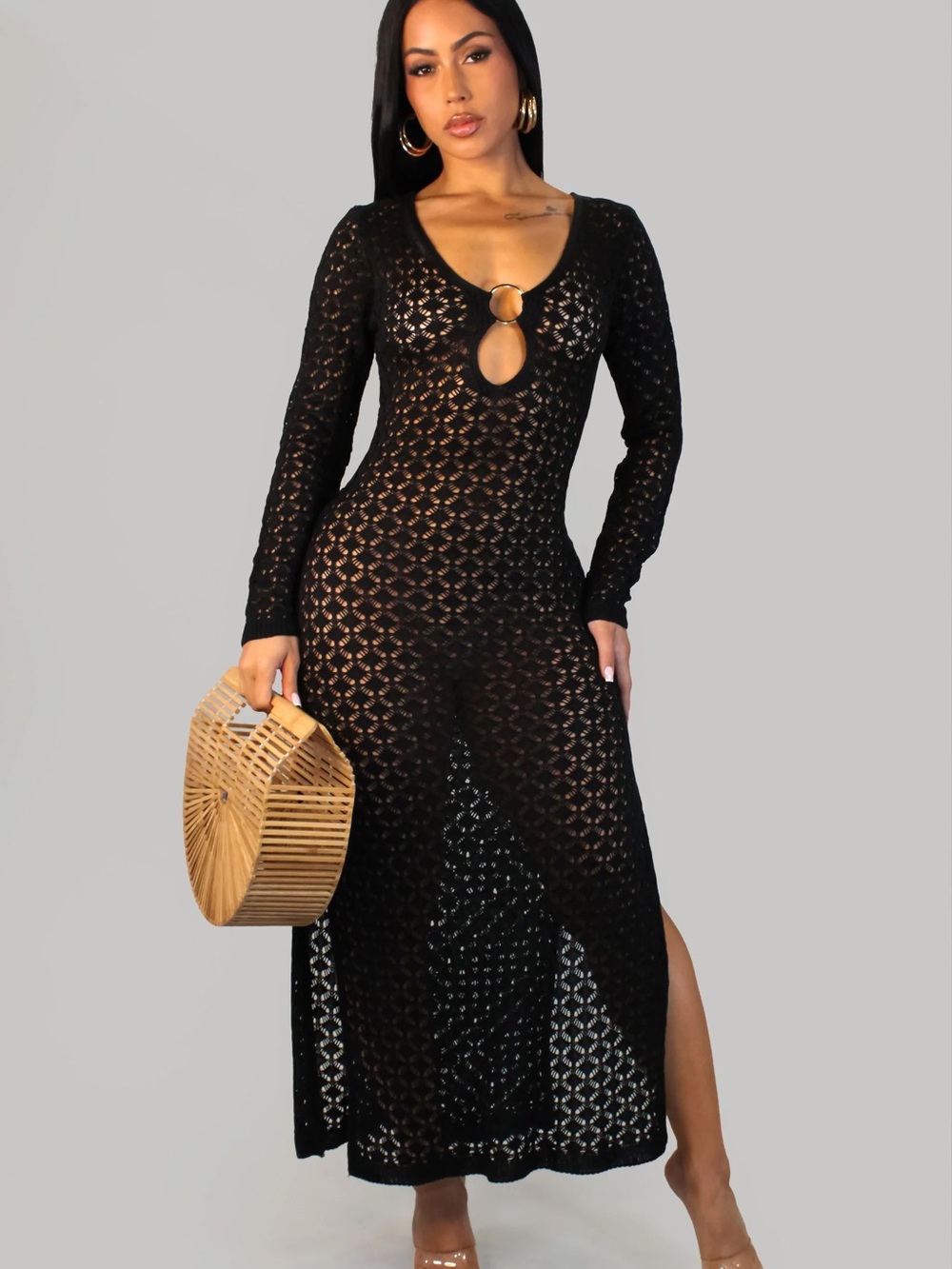 Boutique black open knit long sleeved maxi daring v-neck dress S/M